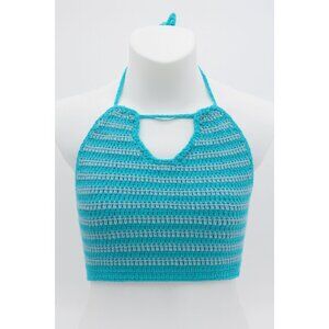 Handmade Crochet Halter Top Blue Striped Tie Back Y2K Festival Boho Adjustable